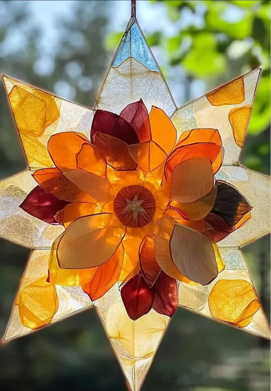 Colorful handmade sun suncatchers displayed in sunlight