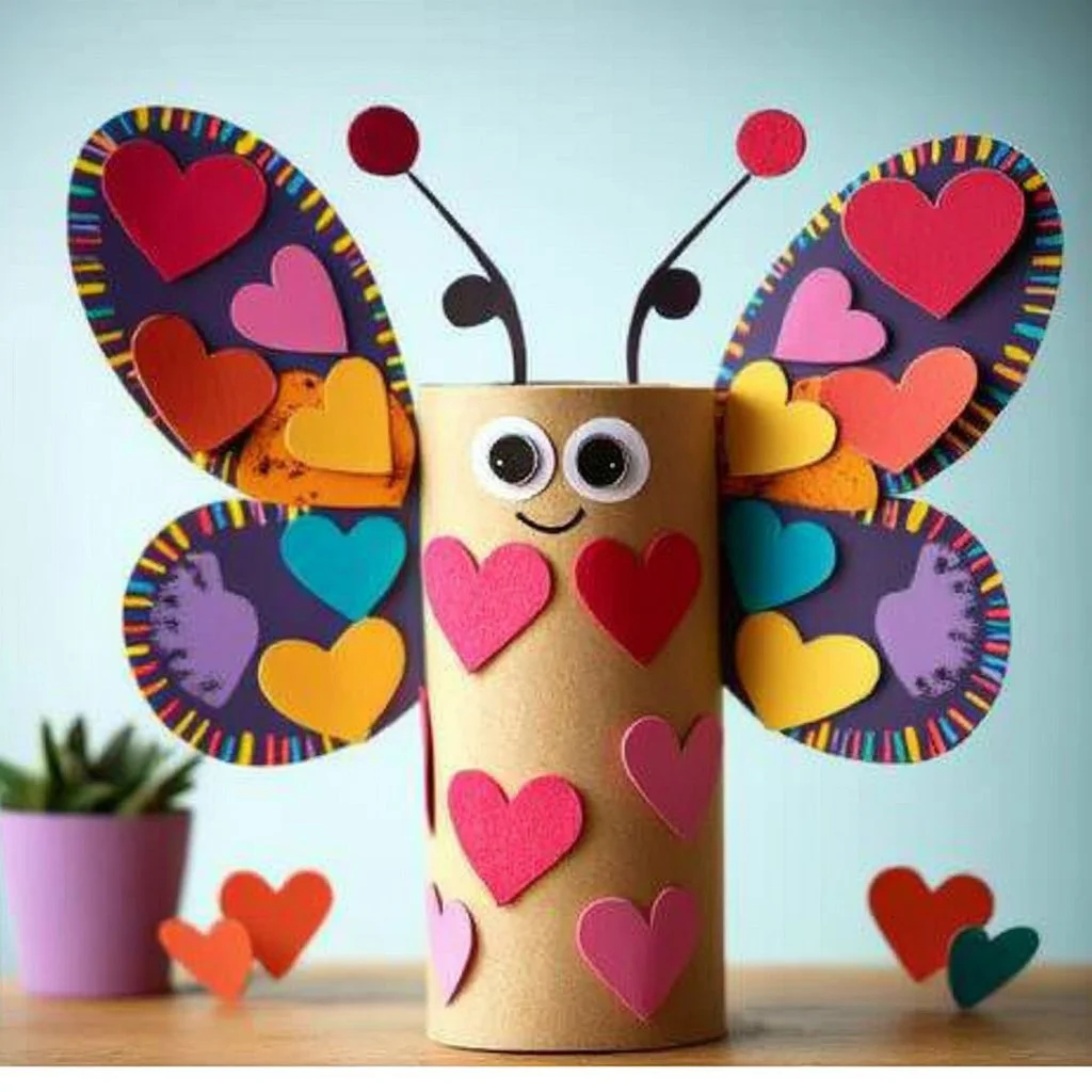 Toilet paper roll transformed into a heart butterfly craft project.