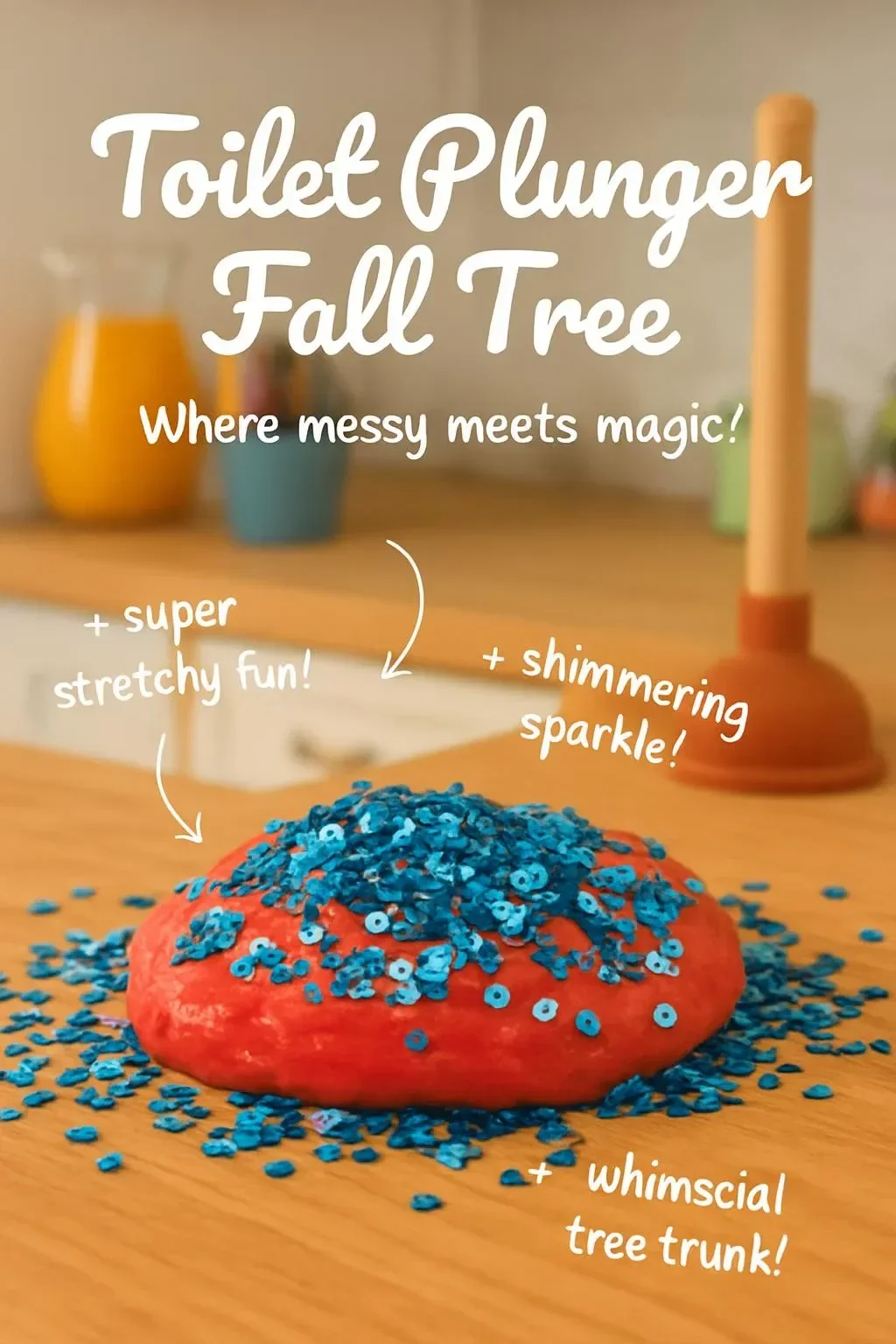 Decorative fall tree with toilet plungers as ornaments, adding a unique twist to autumn decor.