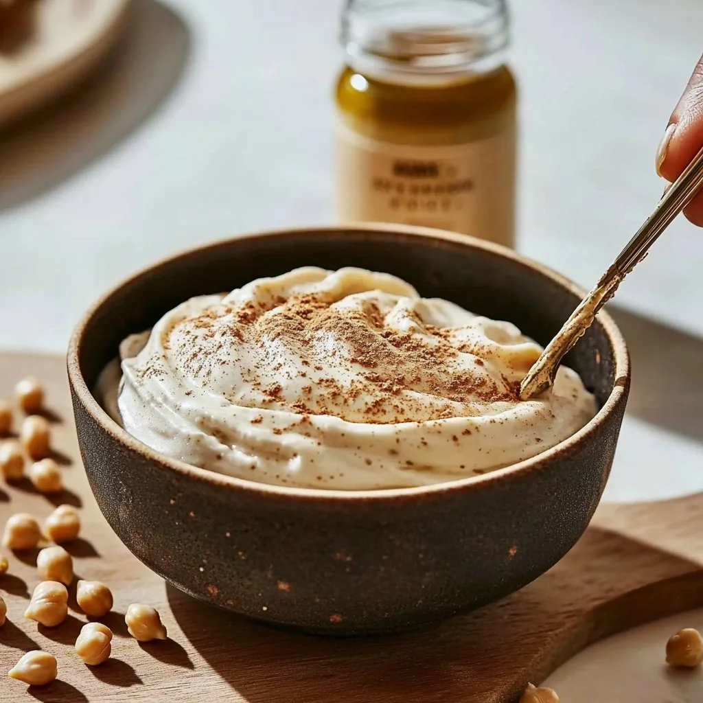 Fluffy vegan aquafaba whip in a bowl, ideal for desserts.