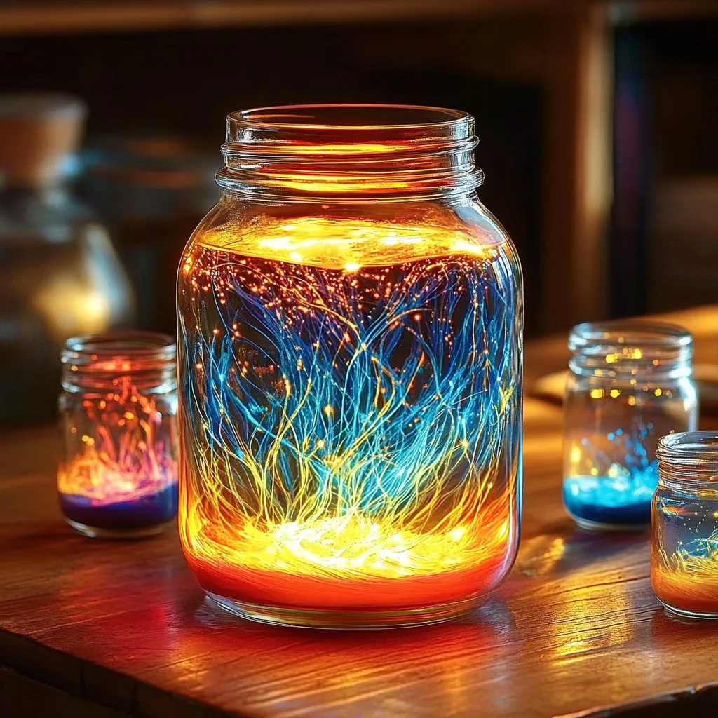 Colorful water and oil firework jars creating vibrant display