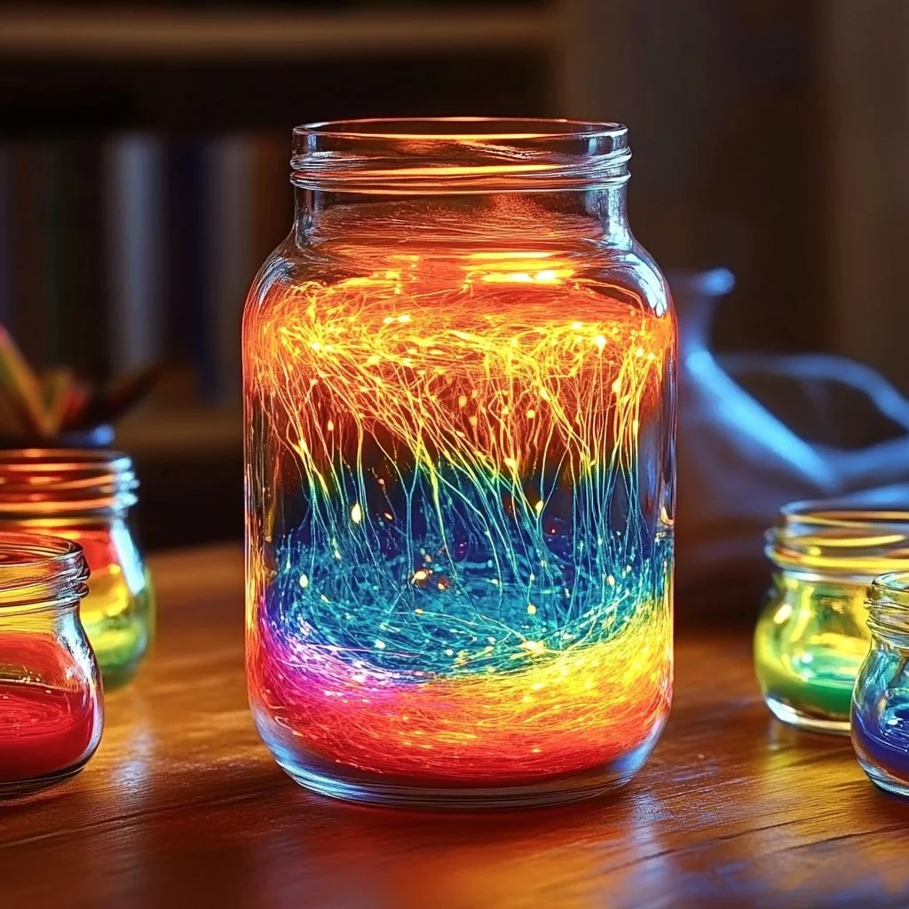 DIY water and oil firework jars showcasing vibrant colors and patterns