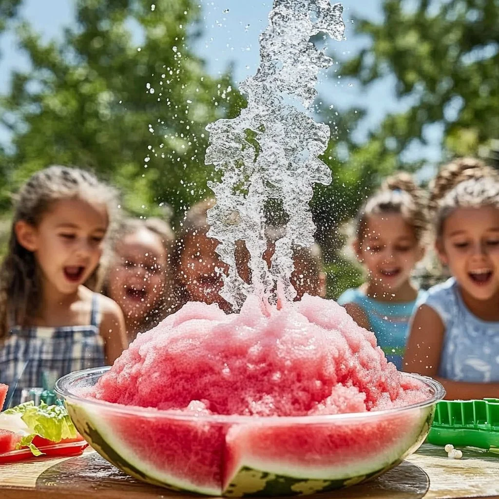 Watermelon Volcano Experiment demonstrating a colorful chemical reaction.