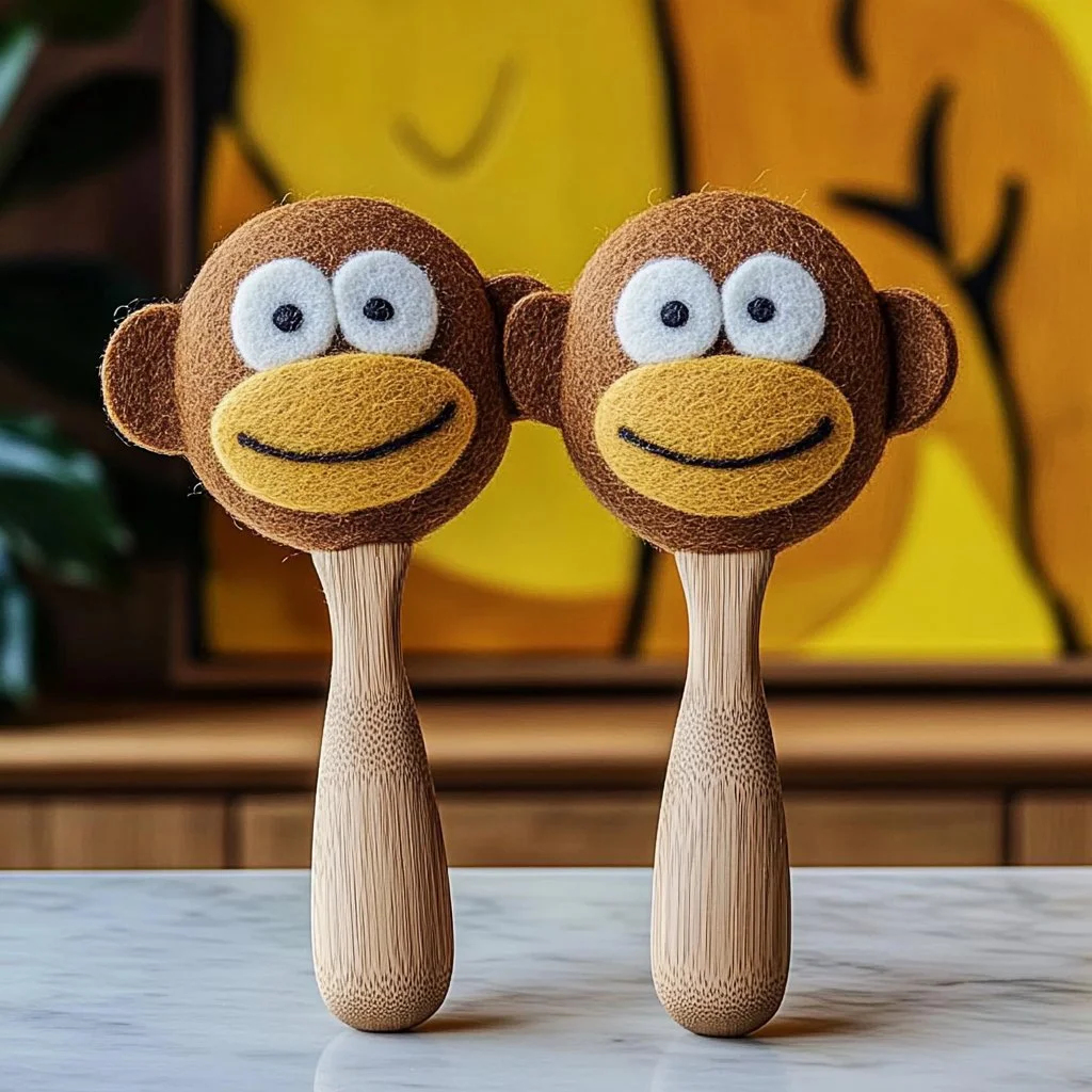 Child holding a Wooden Spoon Monkey Craft made from a wooden spoon.