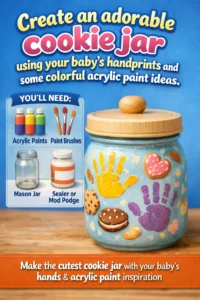 Create an adorable cookie jar using your baby's handprints and some colorful acrylic paint ideas. 21 Create an adorable cookie jar using your baby’s handprints and…