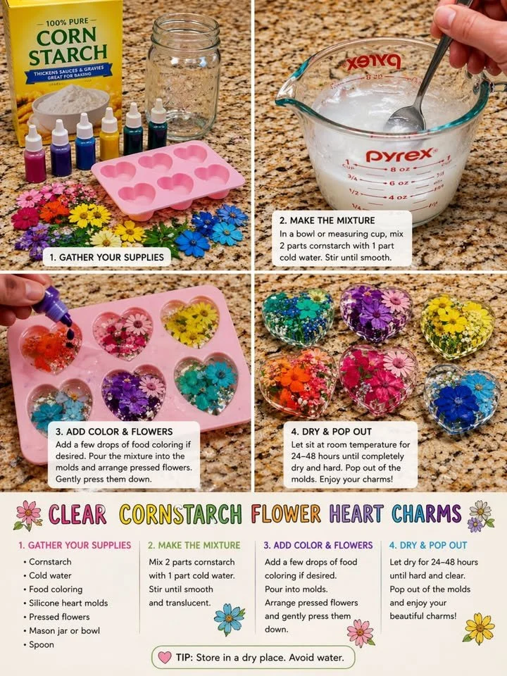 Clear Cornstarch Flower Heart Charms 5 Clear Cornstarch Flower Heart Charms