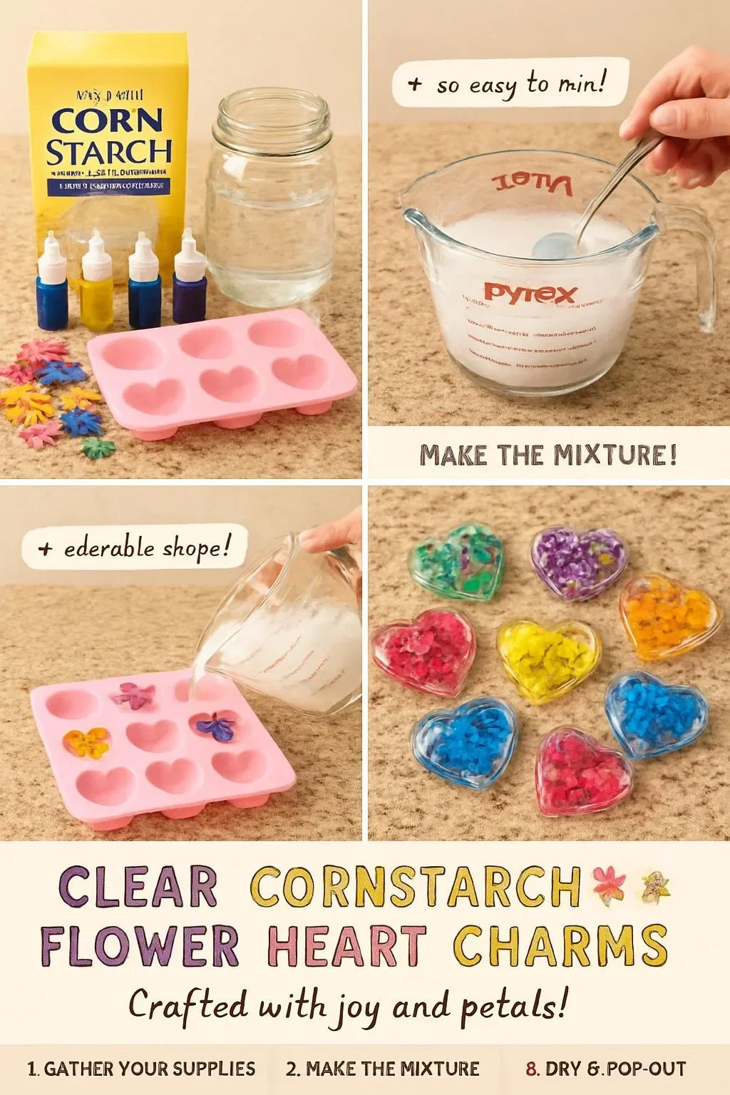 Clear Cornstarch Flower Heart Charms 6 Clear Cornstarch Flower Heart Charms