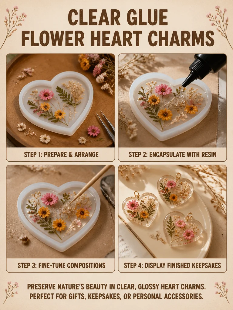 Clear Glue Flower Heart Charms 4 Clear Glue Flower Heart Charms
