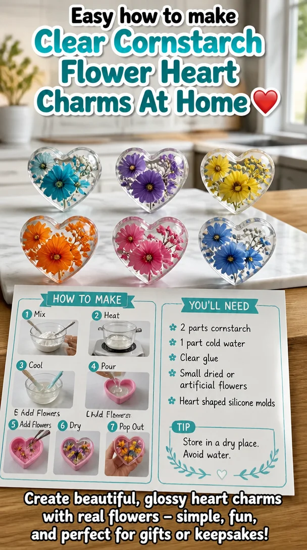 Easy how to make Clear Cornstarch Flower Heart Charms At Home ❤️ 6 Easy how to make Clear Cornstarch Flower Heart Charms At Home ❤️