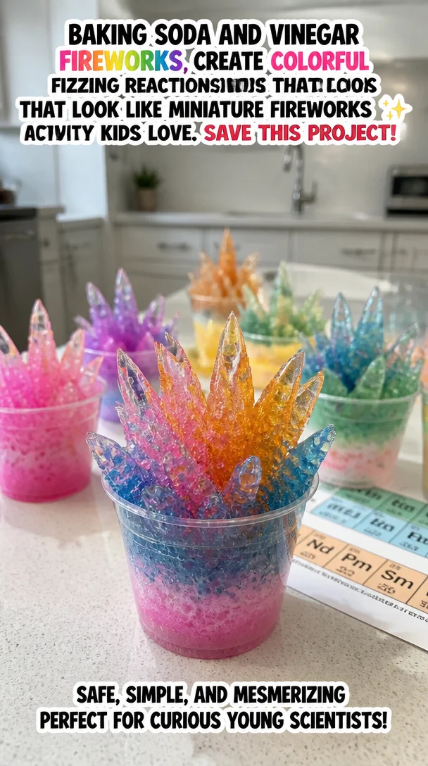 Baking soda and vinegar fireworks create colorful fizzing reactions that look like miniature fireworks ✨ A fun STEM activity kids love. Save this project! 8 Baking soda and vinegar fireworks create colorful fizzing reactions that look like miniature fireworks ✨ A fun STEM activity kids love. Save this project!
