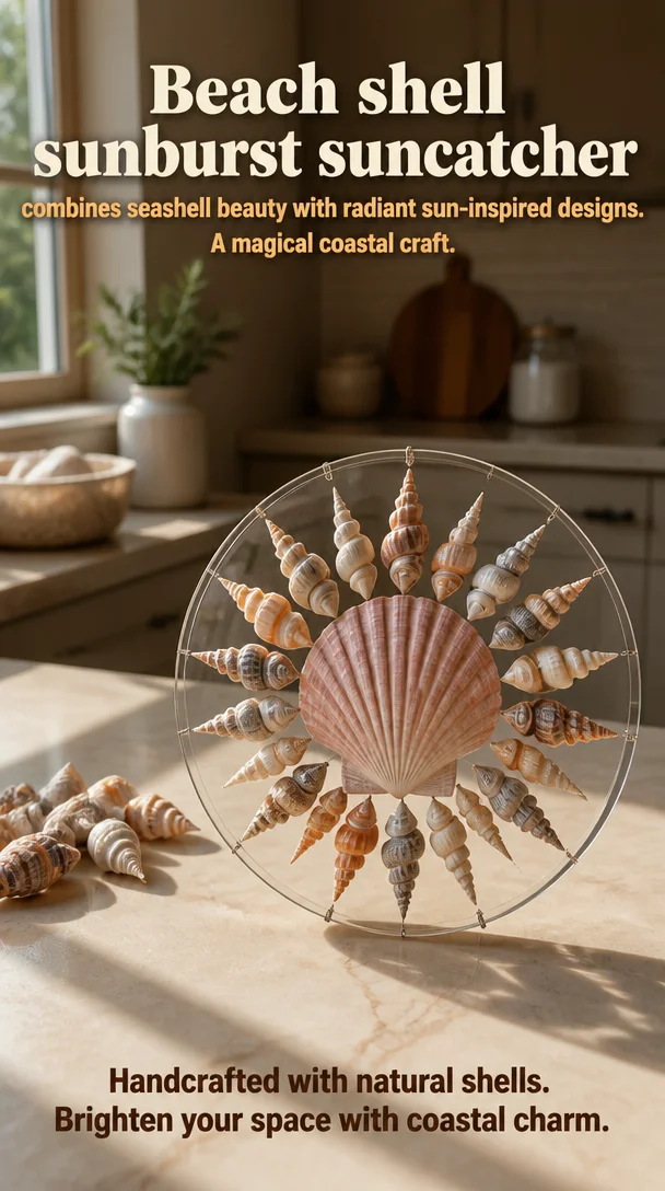 Beach shell sunburst suncatcher combines seashell beauty with radiant sun-inspired designs. A magical coastal craft. 8 Beach shell sunburst suncatcher combines seashell beauty with radiant sun-inspired designs. A magical coastal craft.