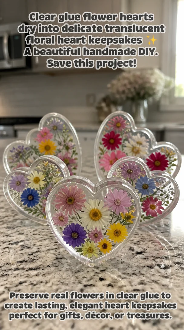 Clear glue flower hearts dry into delicate translucent floral heart keepsakes ✨ A beautiful handmade DIY. Save this project! 5 Clear glue flower hearts dry into delicate translucent floral heart keepsakes ✨ A beautiful handmade DIY. Save this project!