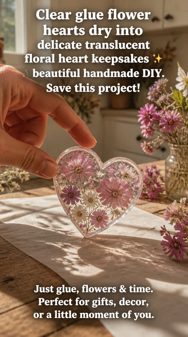 Clear glue flower hearts dry into delicate translucent floral heart keepsakes ✨ A beautiful handmade DIY. Save this project! 8 Clear glue flower hearts dry into delicate translucent floral heart keepsakes ✨ A beautiful handmade DIY. Save this project!