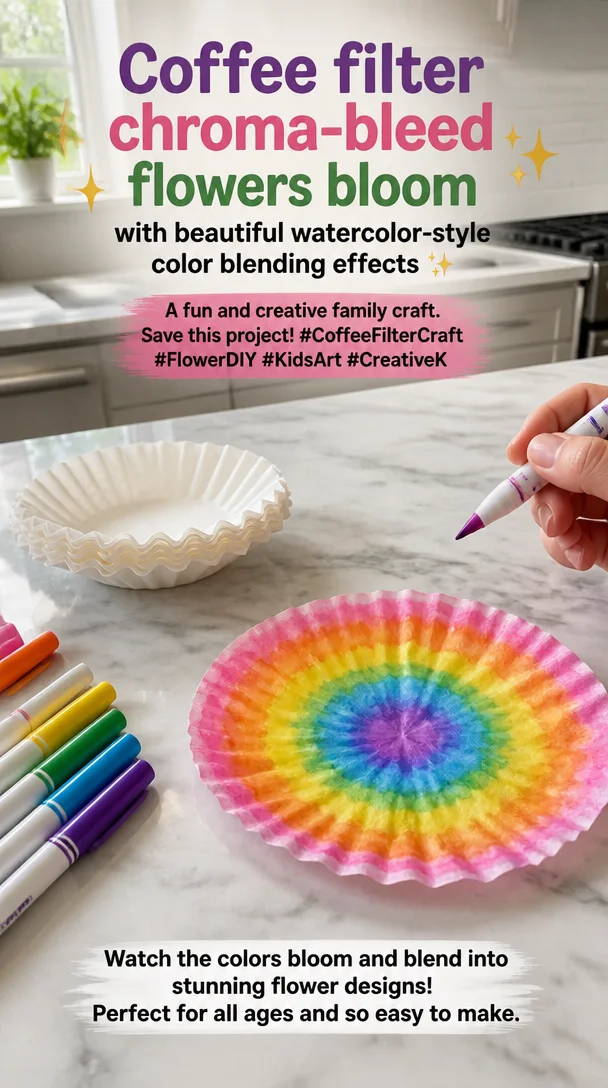 Coffee filter chroma-bleed flowers bloom with beautiful watercolor-style color blending effects ✨ A fun and creative family craft. Save this project! #CoffeeFilterCraft #FlowerDIY #KidsArt #CreativeK 8 Coffee filter chroma-bleed flowers bloom with beautiful watercolor-style color blending effects ✨ A fun and creative family craft. Save this project! #CoffeeFilterCraft #FlowerDIY #KidsArt #CreativeK