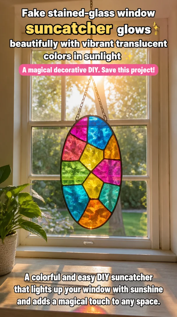 Fake stained-glass window suncatcher glows beautifully with vibrant translucent colors in sunlight ✨ A magical decorative DIY. Save this project! 8 Fake stained-glass window suncatcher glows beautifully with vibrant translucent colors in sunlight ✨ A magical decorative DIY. Save this project!