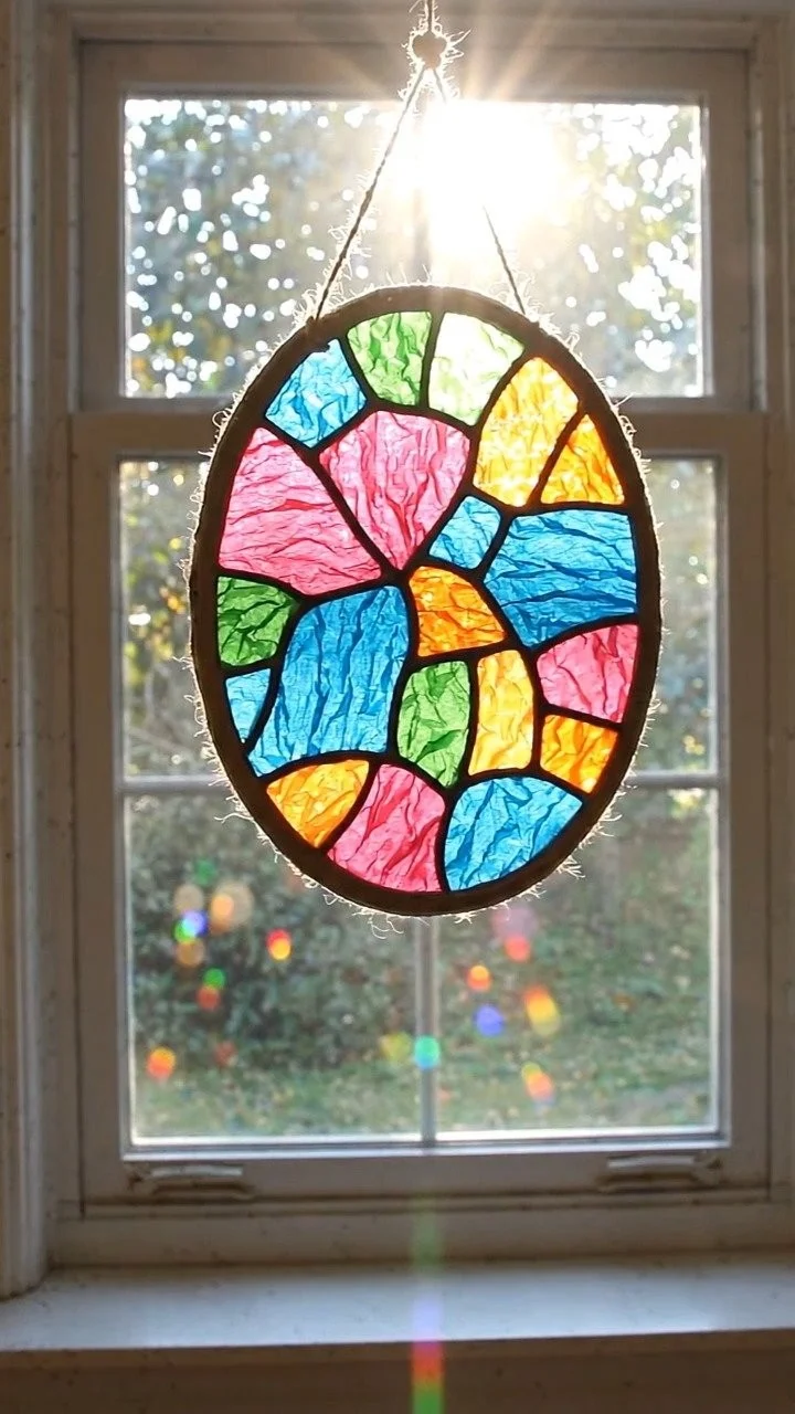 Fake stained-glass window suncatcher glows beautifully with vibrant translucent colors in sunlight ✨ A magical decorative DIY. Save this project! 10 Fake stained-glass window suncatcher glows beautifully with vibrant translucent colors in sunlight ✨ A magical decorative DIY. Save this project!