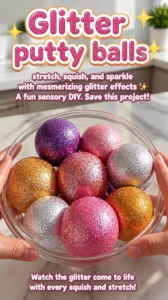 Glitter putty balls stretch, squish, and sparkle with mesmerizing glitter effects ✨ A fun sensory DIY. Save this project! 22 Glitter putty balls stretch, squish, and sparkle with mesmerizing glitter…