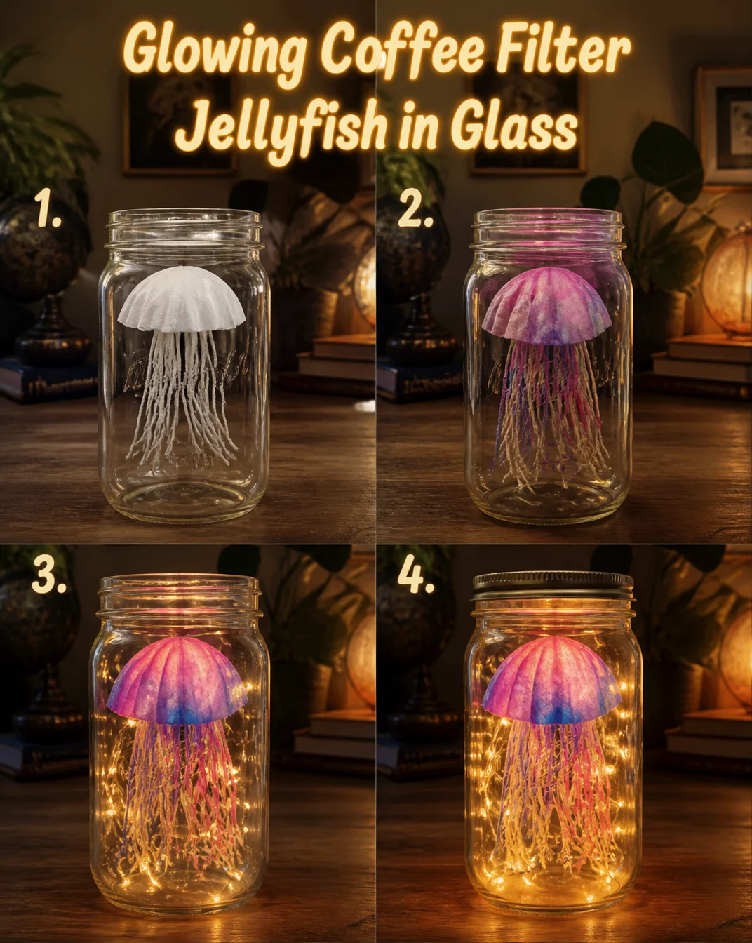 Glowing Coffee Filter Jellyfish in Glass 8 Glowing Coffee Filter Jellyfish in Glass
