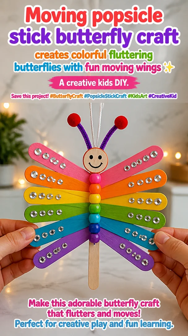 Moving popsicle stick butterfly craft creates colorful fluttering butterflies with fun moving wings ✨ A creative kids DIY. Save this project! #ButterflyCraft #PopsicleStickCraft #KidsArt #CreativeKid 5 Moving popsicle stick butterfly craft creates colorful fluttering butterflies with fun moving wings ✨ A creative kids DIY. Save this project! #ButterflyCraft #PopsicleStickCraft #KidsArt #CreativeKid