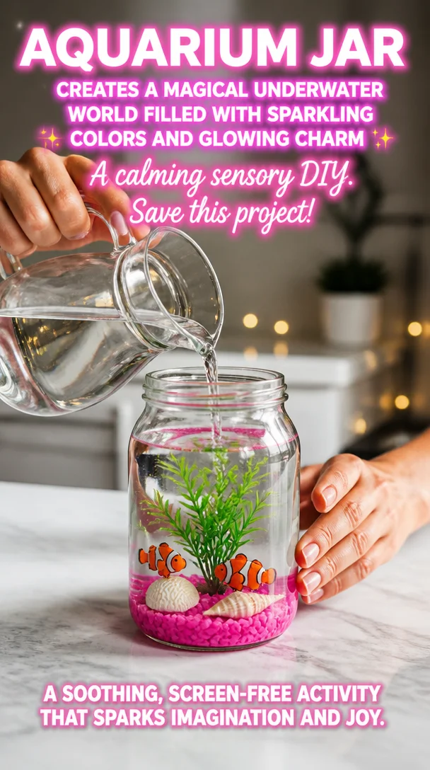 Pink glow aquarium jar creates a magical underwater world filled with sparkling colors and glowing charm ✨ A calming sensory DIY. Save this project! 8 Pink glow aquarium jar creates a magical underwater world filled with sparkling colors and glowing charm ✨ A calming sensory DIY. Save this project!