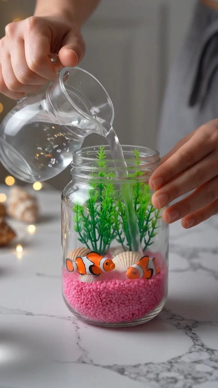 Pink glow aquarium jar creates a magical underwater world filled with sparkling colors and glowing charm ✨ A calming sensory DIY. Save this project! 10 Pink glow aquarium jar creates a magical underwater world filled with sparkling colors and glowing charm ✨ A calming sensory DIY. Save this project!