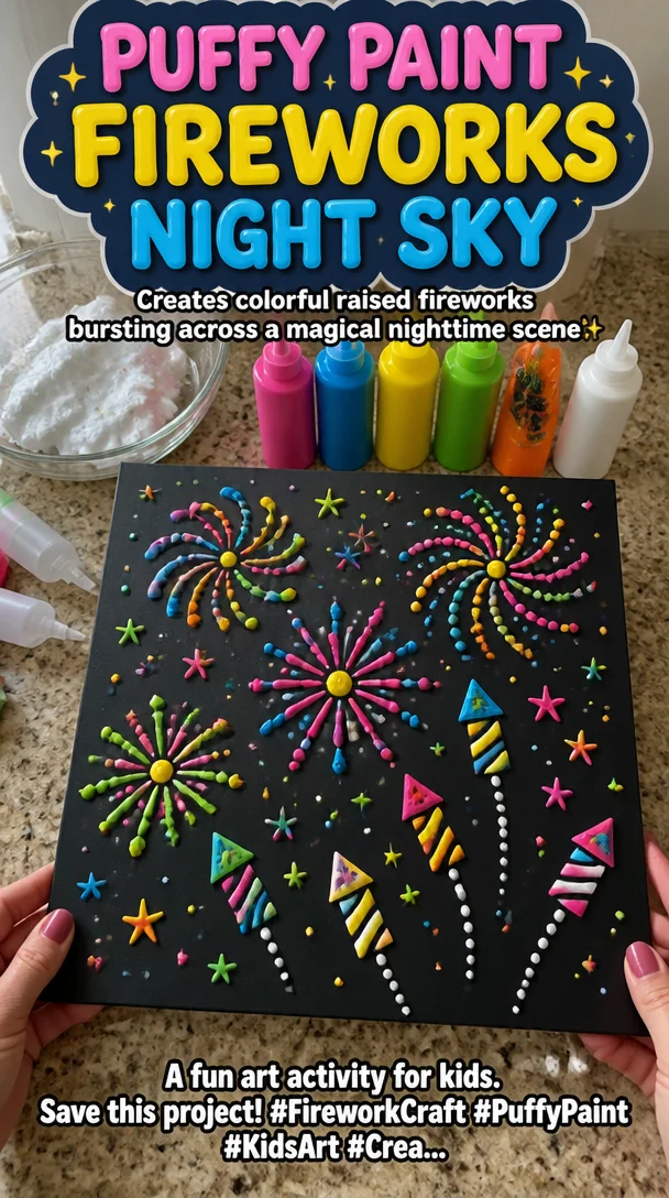 Puffy paint fireworks night sky creates colorful raised fireworks bursting across a magical nighttime scene ✨ A fun art activity for kids. Save this project! #FireworkCraft #PuffyPaint #KidsArt #Crea... 8 Puffy paint fireworks night sky creates colorful raised fireworks bursting across a magical nighttime scene ✨ A fun art activity for kids. Save this project! #FireworkCraft #PuffyPaint #KidsArt #Crea...