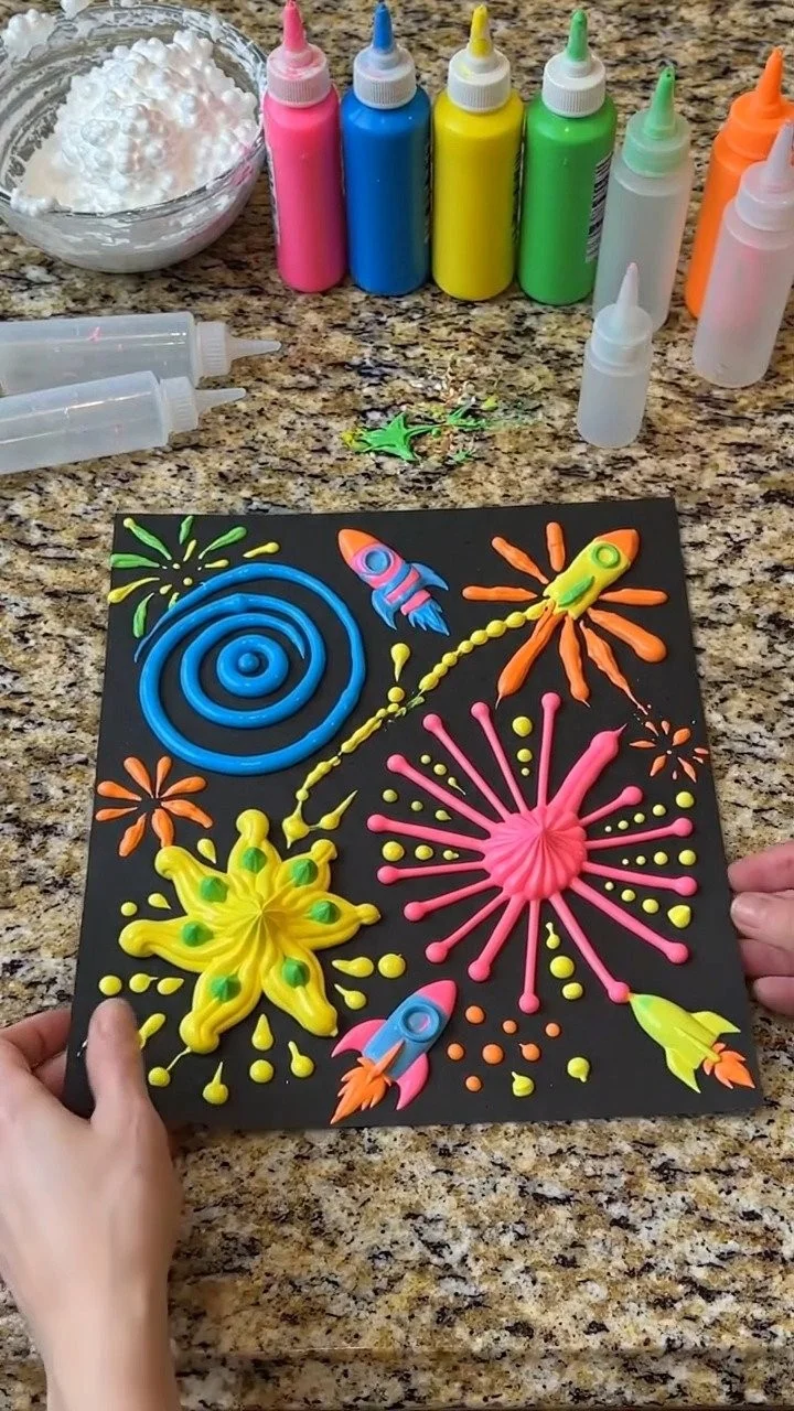 Puffy paint fireworks night sky creates colorful raised fireworks bursting across a magical nighttime scene ✨ A fun art activity for kids. Save this project! #FireworkCraft #PuffyPaint #KidsArt #Crea... 10 Puffy paint fireworks night sky creates colorful raised fireworks bursting across a magical nighttime scene ✨ A fun art activity for kids. Save this project! #FireworkCraft #PuffyPaint #KidsArt #Crea...