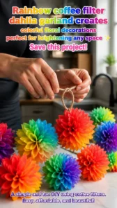 Rainbow coffee filter dahlia garland creates colorful floral decorations perfect for brightening any space ✨ Save this project! 20 Rainbow coffee filter dahlia garland creates colorful floral decorations perfect…