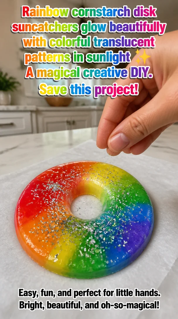 Rainbow cornstarch disk suncatchers glow beautifully with colorful translucent patterns in sunlight ✨ A magical creative DIY. Save this project! 8 Rainbow cornstarch disk suncatchers glow beautifully with colorful translucent patterns in sunlight ✨ A magical creative DIY. Save this project!