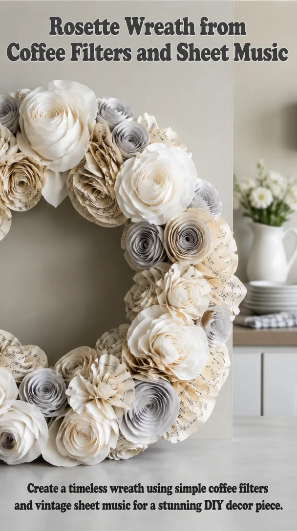 Rosette Wreath from Coffee Filters and Sheet Music 8 Rosette Wreath from Coffee Filters and Sheet Music