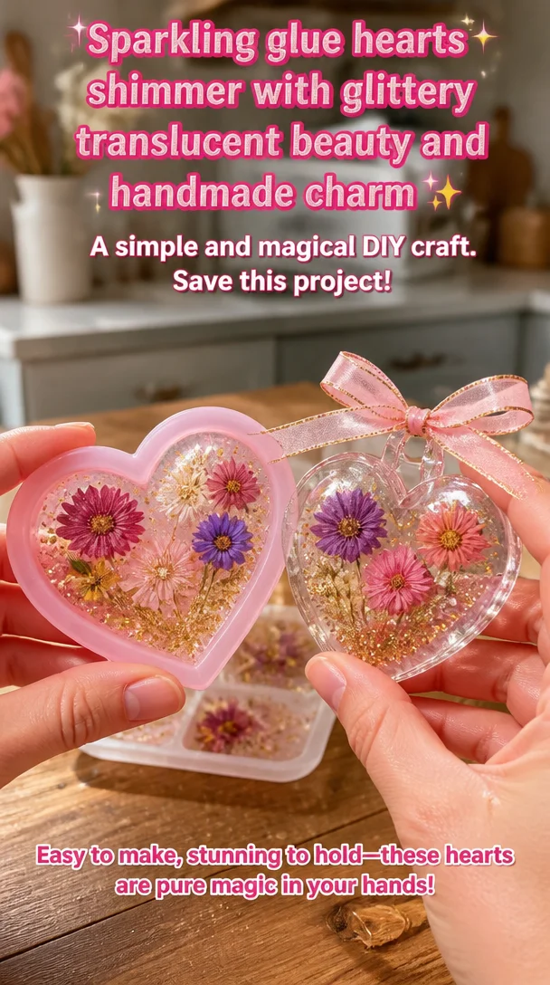 Sparkling glue hearts shimmer with glittery translucent beauty and handmade charm ✨ A simple and magical DIY craft. Save this project! 5 Sparkling glue hearts shimmer with glittery translucent beauty and handmade charm ✨ A simple and magical DIY craft. Save this project!