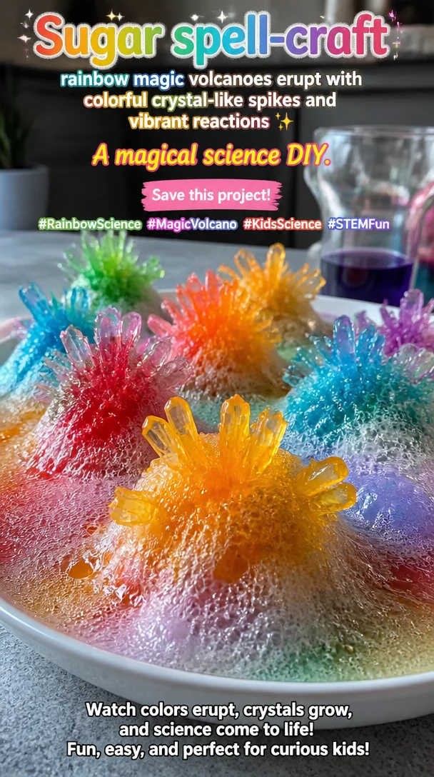 Sugar spell-craft rainbow magic volcanoes erupt with colorful crystal-like spikes and vibrant reactions ✨ A magical science DIY. Save this project! #RainbowScience #MagicVolcano #KidsScience #STEMFun 8 Sugar spell-craft rainbow magic volcanoes erupt with colorful crystal-like spikes and vibrant reactions ✨ A magical science DIY. Save this project! #RainbowScience #MagicVolcano #KidsScience #STEMFun