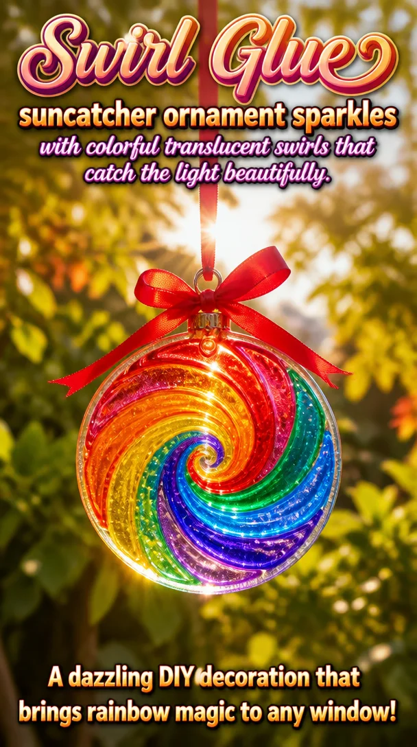 Swirl glue suncatcher ornament sparkles with colorful translucent swirls that catch the light beautifully. 8 Swirl glue suncatcher ornament sparkles with colorful translucent swirls that catch the light beautifully.