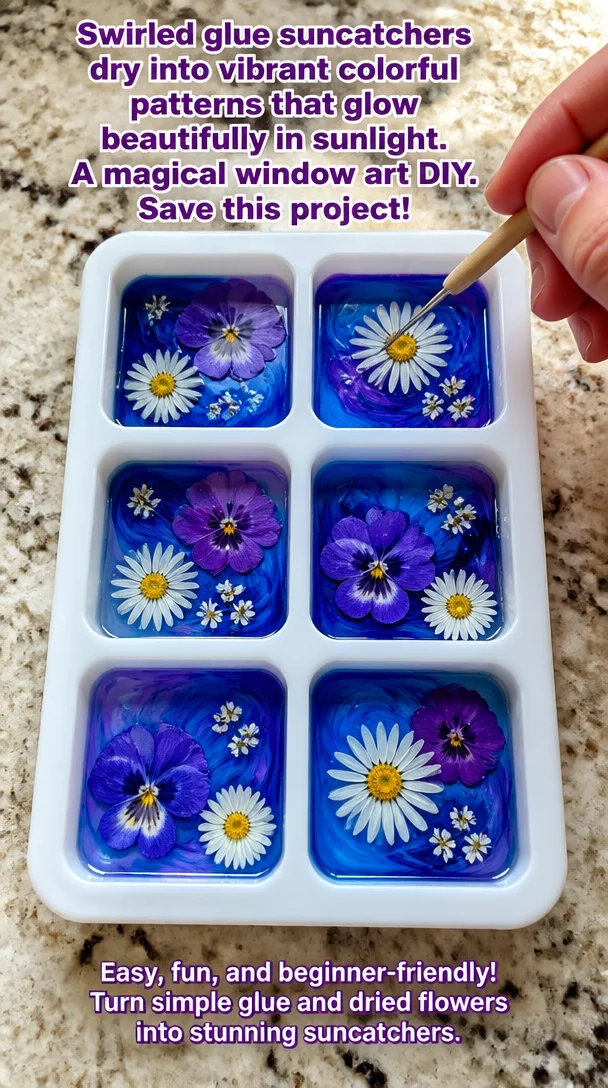 Swirled glue suncatchers dry into vibrant colorful patterns that glow beautifully in sunlight. A magical window art DIY. Save this project! 5 Swirled glue suncatchers dry into vibrant colorful patterns that glow beautifully in sunlight. A magical window art DIY. Save this project!