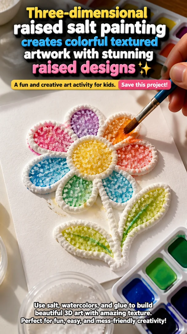 Three-dimensional raised salt painting creates colorful textured artwork with stunning raised designs ✨ A fun and creative art activity for kids. Save this project! 7 Three-dimensional raised salt painting creates colorful textured artwork with stunning raised designs ✨ A fun and creative art activity for kids. Save this project!
