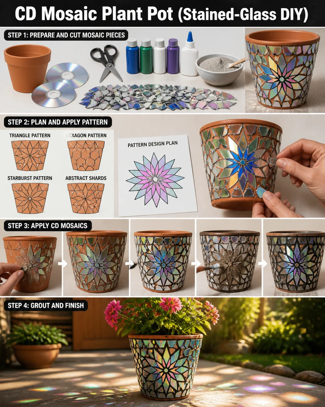 CD Mosaic Plant Pot (Stained-Glass DIY) 8 CD Mosaic Plant Pot (Stained-Glass DIY)