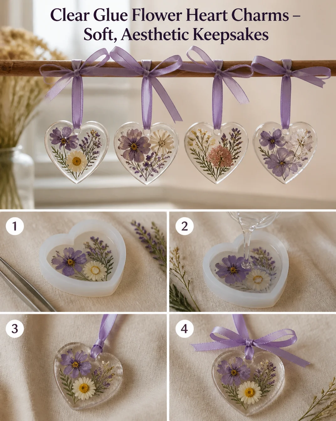 Clear Glue Flower Heart Charms – Soft, Aesthetic Keepsakes 8 Clear Glue Flower Heart Charms – Soft, Aesthetic Keepsakes