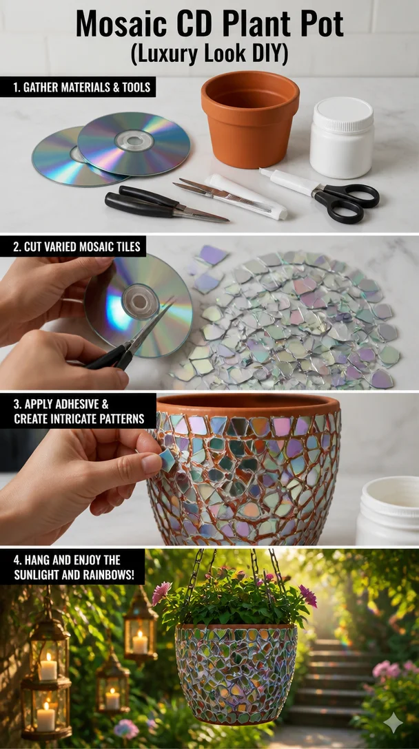 Mosaic CD Plant Pot (Luxury Look DIY) 8 Mosaic CD Plant Pot (Luxury Look DIY)