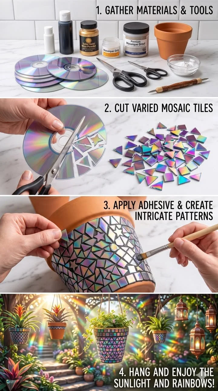 Mosaic CD Plant Pot (Luxury Look DIY) 12 Mosaic CD Plant Pot (Luxury Look DIY)