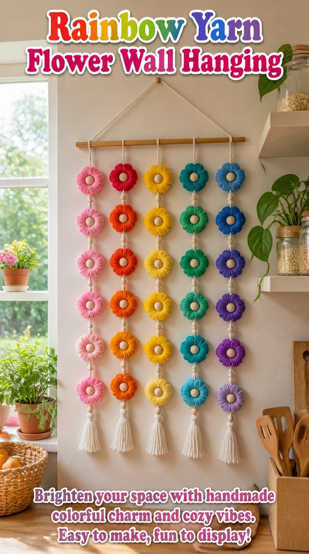 Rainbow Yarn Flower Wall Hanging 8 Rainbow Yarn Flower Wall Hanging
