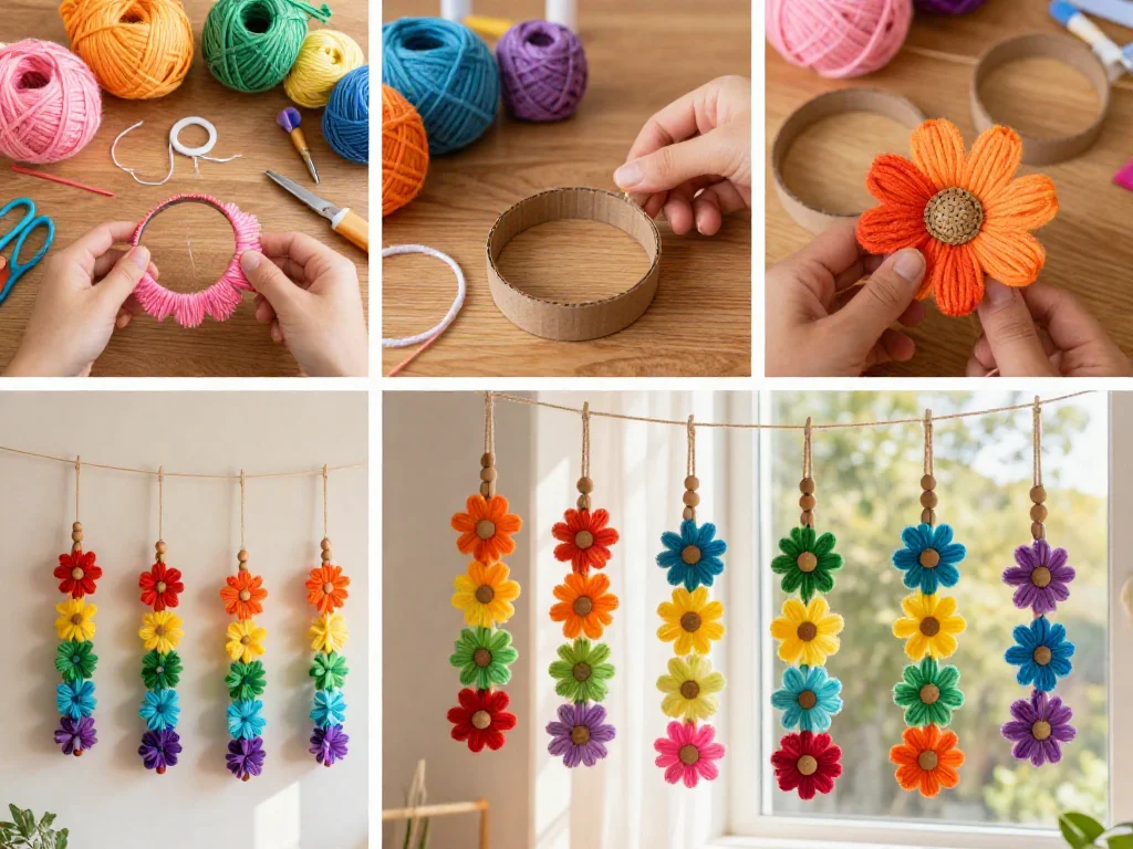 Rainbow Yarn Flower Wall Hanging 9 Rainbow Yarn Flower Wall Hanging