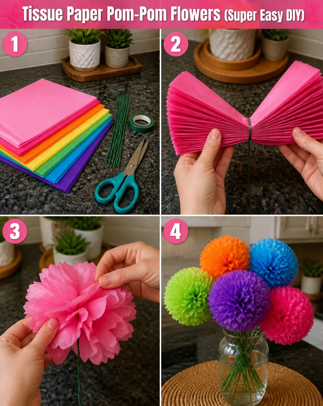 Tissue Paper Pom-Pom Flowers (Super Easy DIY) 8 Tissue Paper Pom-Pom Flowers (Super Easy DIY)