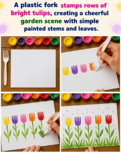 A plastic fork stamps rows of bright tulips, creating a cheerful garden scene with simple painted stems and leaves. 18 A plastic fork stamps rows of bright tulips, creating a…