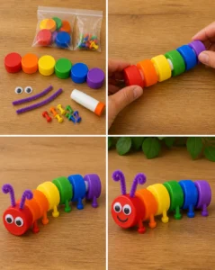 Bright bottle caps line up to form a cheerful rainbow caterpillar that's perfect for a colorful afternoon of crafting. #BottleCapCaterpillar #RecycledCraft #DIYKidsCraft #CreativeCrafts 21 Bright bottle caps line up to form a cheerful rainbow…