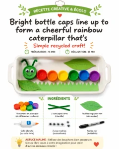 Bright bottle caps line up to form a cheerful rainbow caterpillar that's perfect for a colorful afternoon of crafting. 11 Bright bottle caps line up to form a cheerful rainbow…