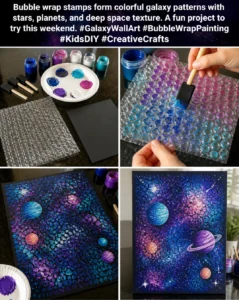 Bubble wrap stamps form colorful galaxy patterns with stars, planets, and deep space texture. A fun project to try this weekend. #GalaxyWallArt #BubbleWrapPainting #KidsDIY #CreativeCrafts 21 Bubble wrap stamps form colorful galaxy patterns with stars, planets,…
