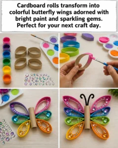 Cardboard rolls transform into colorful butterfly wings adorned with bright paint and sparkling gems. Perfect for your next craft day. 21 Cardboard rolls transform into colorful butterfly wings adorned with bright…