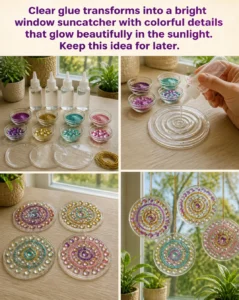Clear glue transforms into a bright window suncatcher with colorful details that glow beautifully in the sunlight. Keep this idea for later. 18 Clear glue transforms into a bright window suncatcher with colorful…
