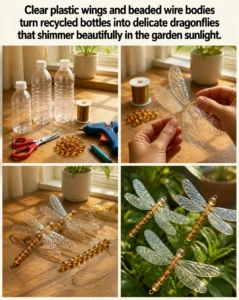 Clear plastic wings and beaded wire bodies turn recycled bottles into delicate dragonflies that shimmer beautifully in the garden sunlight. 18 Clear plastic wings and beaded wire bodies turn recycled bottles…