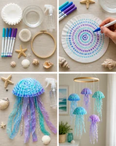 Coffee filters transform into colorful jellyfish that gently sway from a handmade mobile inspired by the ocean. 18 Coffee filters transform into colorful jellyfish that gently sway from…